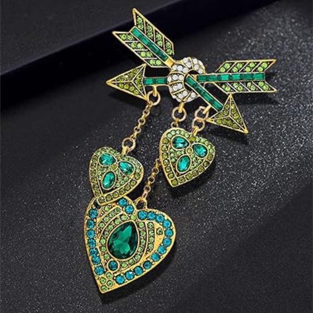 Hearts and Arrows‎ Brooch Gold with Green and clear Stones Dangle Pin